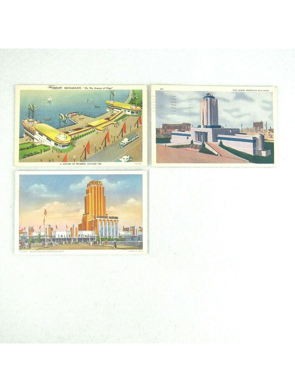 1933-34 Chicago Worlds Fair 3 Postcards Thompson's Sears Roebuck General Motors